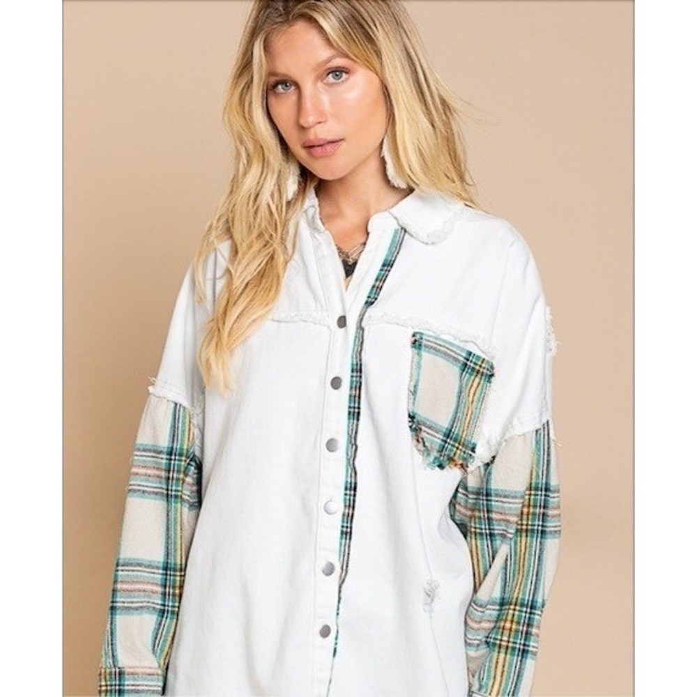 POL White Denim Shacket Plaid Contrast Distressed Raw Hem XL Oversized